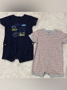 Carter's Navy & Gray Cars & Crabs Boys Summer Short Sleeve Rompers (2-Pack)